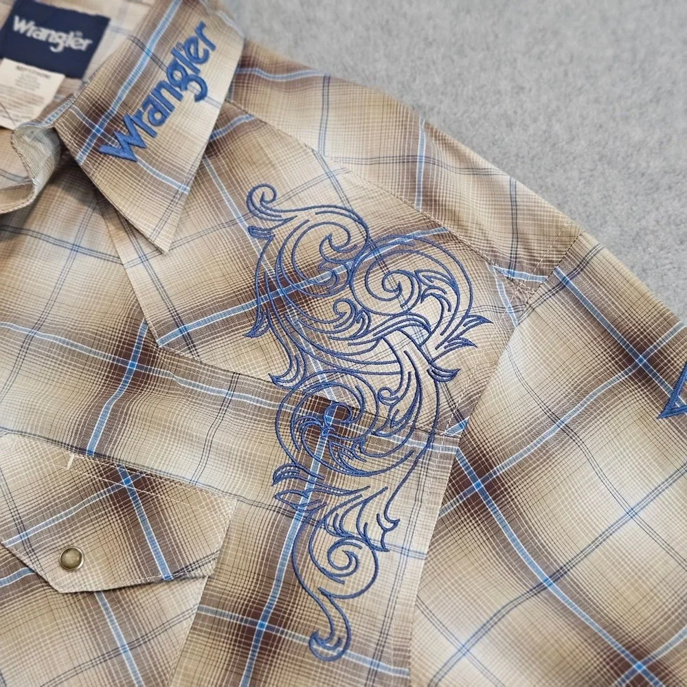 Wrangler Mens Plaid Western Pearl Snap Shirt Embroidered Rodeo Tan Blue L